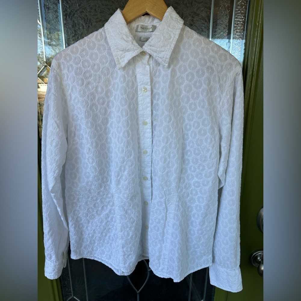 Women’s Large White Long Sleeve Button Up Circle Starfish Business Casual Cotton